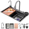 Generico Cascata Lavello Cucina Acciaio Inox Set, Lavandino Cucina Multifunzione, Rubinetto A Cascata A Led, Lavello A Cascata Digitale Con Lavatazze, Dispenser Di Sapone(Black-Grey#2,85x50cm)