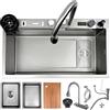 ATHOMASM Lavello da cucina 75 x 45 cm, grigio argento, lavello a cascata in acciaio inox, lavello da incasso con rubinetto, lavabicchieri, portasapone, portacoltelli, sifone, tubo di scarico, 1 bacino