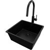 PRIMAGRAN Lavandino sottotop Tutto Nero 46x44cm, Lavello in Granito a 1 vasca + Rubinetto 40x20cm + Set di accessori, Lavabo da Cucina al Mobile 50cm - Venezia Easy S046