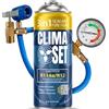 Clima Set ClimaSet 3in1 Refrigerante di ricambio R134a 170 g - refrigerante R134a, R12 e Olio e Turafalle con tubo gas e manometri condizionatori - kit ricarica clima auto - ECO bombola