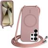 FMPCUON FNPCUON Cover Magnetica Silicone per Samsung Galaxy S24 Ultra con Cordino,Compatibile con MagSafe,Custodia con Laccio Collana Tracolla Collo Sottile TPU Antiurto Protettiva Case con Corda.Rosa