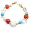 Silvia Creations And Co Bracciale Donna con Perle Turchese Corallo e Conchiglia Bianca | Ciondolo Conchiglia Fatto a Mano, Perle di Fiume, Perle Babu, Acciaio Dorato, Bracciale Estate