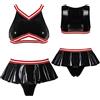 Birod Top corto da donna con scollo a V in pelle verniciata da cheerleading in lattice con minigonna a pieghe,Nero,L