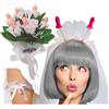 realGOOS Cerchietto con piselli e velo in tulle bianco per la sposa + bouquet di fiori + giarrettiera hot per la festa di addio al nubilato 18+
