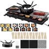 UISEBRT Raclette Grill per 12 persone, macchina da raclette 3 in 1 con padella, set per fonduta, pietra calda, 12 padelle e 12 spatole per legno, piastra per raclette antiaderente, 1650 W