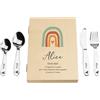LAUBLUST Posate per bambini con stampa del nome e scatola regalo in legno personalizzata | 4 pezzi - Posate in acciaio inox | Regalo personalizzato per ragazzi e ragazze (Arcobaleno)