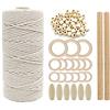 Ulalaza 3mm 110 Yards Filo di corda di cotone macramè naturale con perline di legno Anelli di legno Bastoncini di legno per lavori a maglia Artigianato domestica Fatti a mano Fai da te