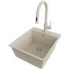 PRIMAGRAN Lavandino da Cucina Tutto Beige 43x50cm, Lavello in Granito a 1 vasca + Rubinetto 40x20cm + Set di accessori, Lavabo da Cucina Incasso al Mobile 45cm - Riga S150
