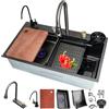 DSMRLEOP Lavello a cascata, Lavello Cucina 1 Vasca in Acciaio Inox, set lavello domestico, lavello multifunzionale, lavello nero-grigio con sifone e Set di Drenaggio, e vari accessor(Black#1A,75x50cm)