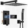 Vrietina Sistema doccia nero da incasso, in acciaio inox, con display LCD a temperatura, soffione da 30 x 30 cm, doccetta da 200 mm, corpo in ottone, soffione a pioggia nero, tubo doccia da 1,5 m