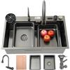 OMGMTSTORE Lavello da Cucina 65x50cm, Lavello in Acciaio Inox a Cascata con Schermo Display, 1 Vasche, Grande Lavello da Cucina con Tagliere, Sifone, Set di Ricambio e Scarico