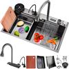 DSMRLEOP Lavello a cascata, 90x50cm Lavandino multifunzionale nero, 1 lavello da cucina in acciaio inossidabile rettangolare con accessori come cestelli di scarico, sifone e set di scarico, rubinetto