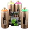 Montana Montna Gold - Set di Bombolette Spray Fluorescenti 4 x 400 ml - Arancione, Giallo, Rosa Fluo, Verde Neon + Testine di Ricambio - Vernice Acrilica ad Asciugatura Rapida