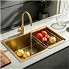 OMGMTSTORE Lavello da cucina in acciaio INOX 75x45 cm, lavello da incasso/sopra piano, lavello da cucina piccolo, lavello da bar spazzolato in oro con rubinetto da cucina, cestello filtrante