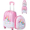 SOARS Set di Valigia 16'' + Zaino 12'' per Bambini 2 Pezzi, Bagagli 2-in-1 con Zainetto da Viaggio Aereo, Trolley con Maniglia Telescopica e 4 Ruote a 360° (Rosa Unicorno-A)