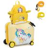 RELAX4LIFE Set Valigia Cavalcabile/Trolley per Bambini 18'' con Zaino 12'', 4 Ruote Girevoli, Maniglia Retrattile 56cm, 2 Cingie Multiuso, Zaino: 26x30cm/Trolley:47x26,5x36,5cm (Giallo Chiaro)