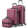 NUMADA - Set di valigie 3pzs (53/63cm) e borsa da toilette Bordeaux, ABS Resistente, Leggero con 4 ruote doppie e lucchetto combinazione laterale
