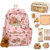 JIABAOZ Zaino Capibara con Set di Cancelleria, Zaino Kawaii Scolastico Tema Animali, Include Astuccio, Penne e Portachiavi, Ritorno a Scuola per Bambini e Ragazzi (Pink)