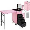 OUBUBY Valigetta cosmetica trolley 2 in 1, grande valigetta cosmetica, con ruote e 4 cassetti, in alluminio, rosa., Valigetta per cosmetici 2 in 1