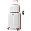COSTWAY Valigia Bagaglio a Mano 20 con Beauty Case da Viaggio 14, Trolley Bagaglio a Mano con Lucchetto TSA, Porta USB, Ruote Girevoli e Manico Regolabile (Con Beauty + Bianco)