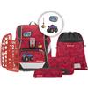 Step by Step Set di 6 zaini per la scuola 2 in 1 PLUS, ergonomici con riflettori, regolabili in altezza con cintura in vita, a partire dalla prima classe, 19 l, Monster Truck Rocky, Taglia unica
