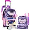 HTgroce Trolley Scuola Bambina, Zaino Sirena Trolley Scuola Elementare Bambina, Zaino con rotelle per ragazze zaino scuola elementare dei bambini Set con borsa a tracolla per il pranzo e astuccio