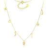 MYSTIC JEWELS - Collana in argento 925 placcato oro - 7 ciondoli: triangolo, occhio, luna, stella, fulmine, ali e mano di Fatima con zirconia, regolabile con confezione regalo