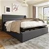 KUAKE Letto imbottito idraulico, letto matrimoniale 160 x 200 cm, letto con rete a doghe in metallo, lino, grigio (160 x 200 cm, grigio)