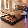 BAJKNIU 160x200 cm Letto matrimoniale imbottito con luci a LED e stazione di ricarica USB, letto contenitore idraulico con testiera in similpelle, base a doghe in legno, senza materasso