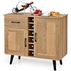 COSTWAY Credenza Buffet Mid Century, Cantinetta Porta bottiglie da 6 Vini, con Cassetto Estraibile e Ripiani Regolabili, Mobile Bar da Cucina e Soggiorno, 90 x 40 x 79 cm, Naturale