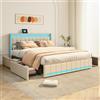 WOBOPCG Letto baule 140 x 200 con LED, letto imbottito con cassettiera letto matrimoniale con LED e 4 cassetti letto cassettiera con testiera e rete a doghe (beige+lino, 140 x 200)