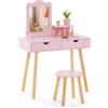 COSTWAY Toeletta per Bambini con Sgabello e Specchio Staccabile Rosa Chiaro | Postazione Trucco per Bambini in Legno con 2 Cassetti Capienti, Ideale dai 3 ai 7 Anni per Cameretta, 70 x 37 x 100 cm