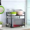 XUANYU Supporto per forno a microonde estensibile, supporto a microonde in metallo, mensola da cucina con ganci in plastica, ripiano portaoggetti da cucina regolabile fino a 25 kg (1, nero-2 livelli)