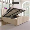 SUKY Letto imbottito doppio, funzione di ricarica USB di tipo C, testiera imbottita con strisce decorative dorate e materiale di lino, letto con cuscinetti idraulici (beige/senza materasso, 140 x 200
