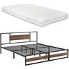 [en.casa] Letto in Acciaio con Materasso a Schiuma Fredda 200 x 180 cm Letto Matrimoniale King Size in Stile Moderno con Elementi Decorativi in Effetto Legno di Color Noce - Struttura Nera