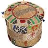 DK Homewares Ottomane Sgabello Tradizionale Pouf Rotondo Pouf in Cotone Ricamato Patchwork Beige Pouf Decorativo Poggiapiedi ottomano Sedute | (16x16x13 Pollici / 40 cm) | Solo Copertura