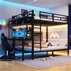 Wyibwy Letto a soppalco 140x200cm con luce LED e porta USB,metallo letto a castello matrimoniale con scrivania e vano portaoggetti,ringhiera di sicurezza,scaletta,ferro Letto per bambini,senza materasso,Nero