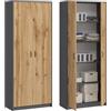 KUBUTKU Armadio da ufficio Armadio multiuso con 2 ante e 5 scomparti, 180 x 74 x 35 cm, colore: Grafite/rovere Wotan