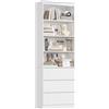 FirFurd 202 cm Libreria, Libreria Verticale con 4 Scomparti Aperti, Scaffale Salvaspazio a 3 Cassetti, Ripiani Regolabile, Librerie in Legno, per Studio, Ufficio, Soggiorno, 60x35x202 cm (Bianco)