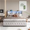 NNXHWY Letto matrimoniale con 4 cassetti, letto imbottito 180 x 200 cm, letti matrimoniali con LED regolabile, letto con rete a doghe, testiera con contenitore, ricarica USB (Beige 4 cassetti, 180cm)