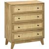 HOMCOM Cassettiera stretta 4 cassetti 80x35x95 cm Naturale | Frontali in rattan, gambe rialzate, cassettiera, per soggiorno e ufficio