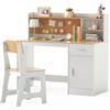RELAX4LIFE Set Scrivania e Sedia per Bambini, Tavolo da Scrittura in Legno con Sedia, Ripiano, Bacheca, Cassetto, Armadio per Lettura, Disegno, Set di Tavoli da Studio per Bambini (Naturale+Bianco)