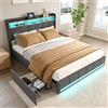 TIMORWTF Struttura per Letto 140x200 con Rete, Letto a Due Piazze con Illuminazione LED e Ricarica USB, Letto Matrimoniale Imbottito con 4 Cassetti, Facile da Montare, Lino, senza Materasso, Grigio