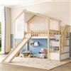 Wyibwy Letto a soppalco 90x200cm con scala contenitore, Letto per bambini con scivolo e finestra, sponda del letto, sponda della casa, naturale + bianco