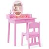 LIFEZEAL Tavolo da trucco per bambini con sedia e specchio LED a 2 colori, cassetto e organizzatore a forma di albero, set scrivania 3-8 anni, carico 30/50