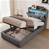 ZUUYEE Letto Singolo con Contenitore 90x200 cm, Letti Singoli con LED, USB e Type-C, Letto Contenitore Idraulico, Letto Bambini con Doghe, Lino, Grigio, Senza Materasso