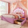 Lexiou Letto imbottito 140 x 200 cm, senza materasso, luce ambiente telecomandata, letto con 2 cassetti, letto da principessa a forma di corona, testiera regolabile, PU (rosa)