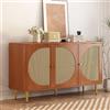 Lexiou Credenza con 3 ante decorate in rattan, comò con maniglie in metallo, per camera da letto, soggiorno, ufficio, 129,8 x 40 x 76 cm (noce)