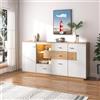 Rtopsu Mobile Contenitore Credenza con LED, Madia Mobile da Cucina con 2 Ante e 4 Cassetti, Mobile Dispensa Cucina Buffet da Cucina per Soggiorno Cucina Sala da Pranzo, 160x40x77 cm, Bianco & Natur