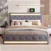 KEFSR Letto 180 x 200 cm con 4 Cassetti Contenitori, Testiera Imbottita con Funzione di Ricarica, Base Rete in Legno - Senza Bisogno di Lettierat, No Base Elastica (Grigio scuro Lino, 180x200)